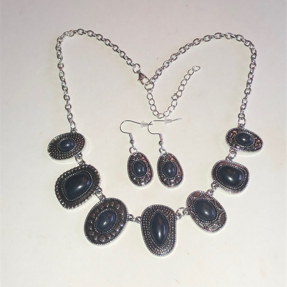 Silver Tone Black Faux Stone Statement Necklace & Earrings Set